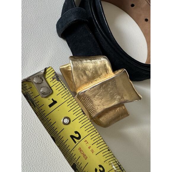 Vintage 90s Donna Karan Belt Italy Black Leather Suede Gold Buckle Luxury Large